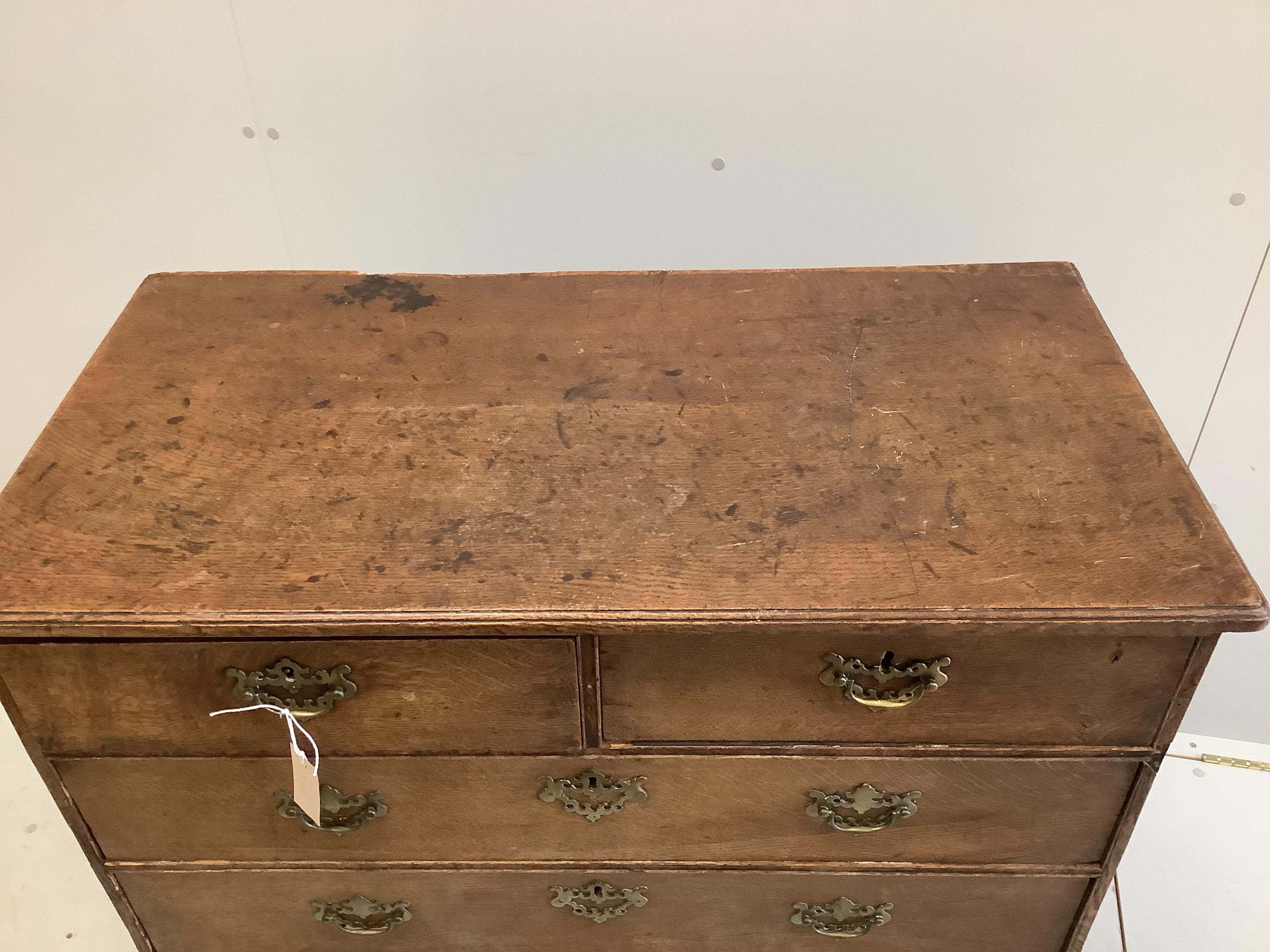 A George III oak chest of five drawers, width 95cm, depth 48cm, height 89cm